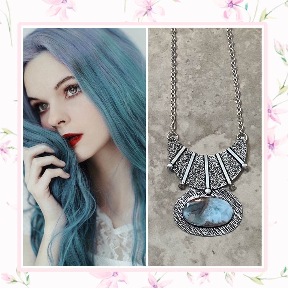🌸 LARIMAR STONE NECKLACE BOHO PENDANT 925 GEMSTONE CHIC NATURAL COTTAGECORE
